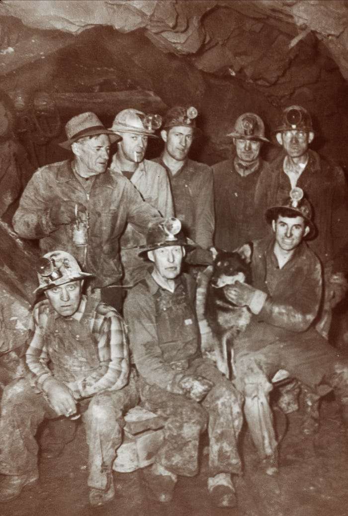 “Underground at the Wellington Mine in 1949. Bud Enyeart is the third from left in the back row.” a group of miners pose for a picture, a dog sits in the front row
