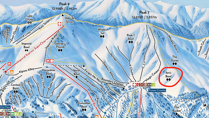 map of breckenridge’s peak seven and eight, arts bowl is circled in red
