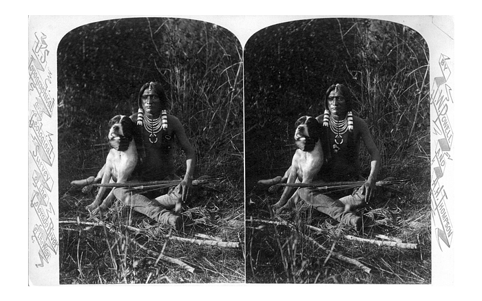 native american boy with a dog sitting in front of some trees
